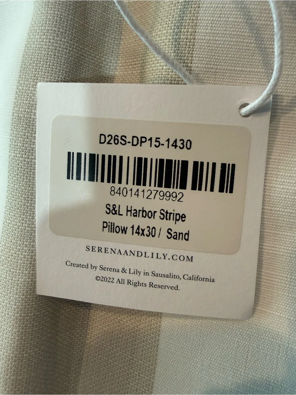 NWT Serena & Lily Harbor Stripe Pillow 14X30 in Sand